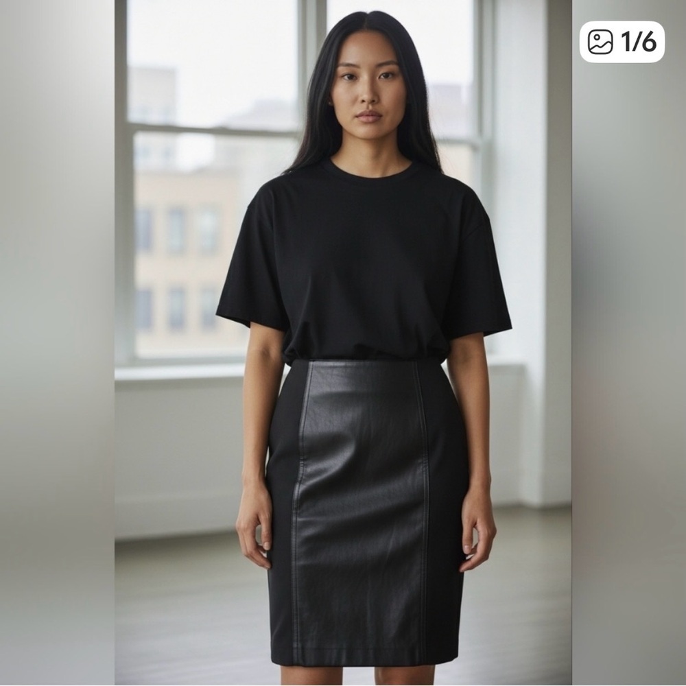 White House Black Market 6 Black Straight Pencil Lined Skirt Faux Leather Panels